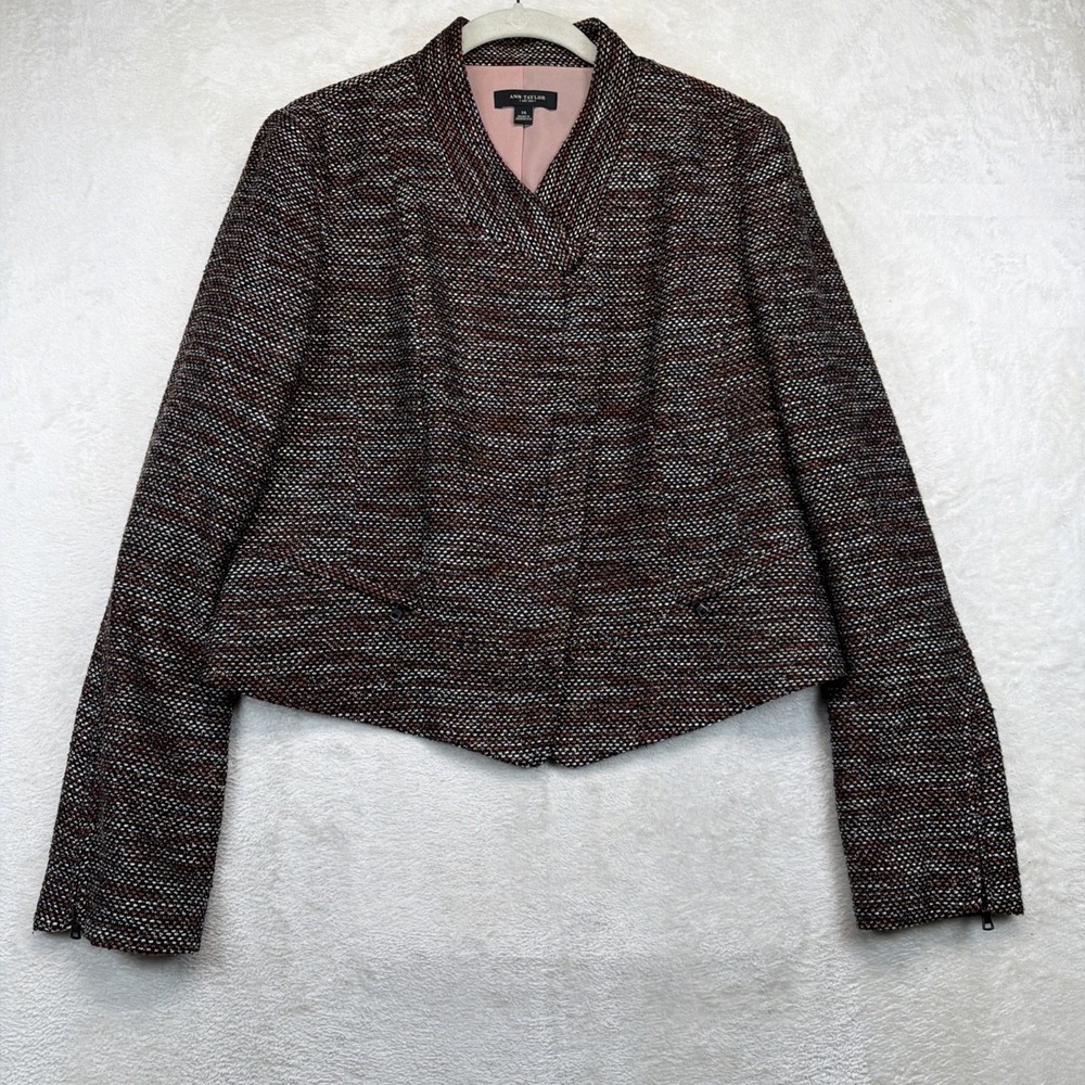 Ann Taylor Tweed Blazer Women's 14 Black Pink Boucle Cropped Jacket